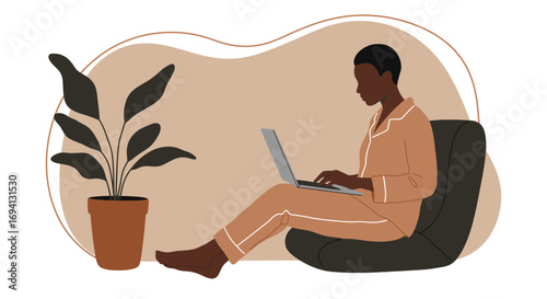 Young woman in pajamas working remotely on laptop from comfortable home setting. Represents flexibility, online learning, and cozy modern lifestyle.