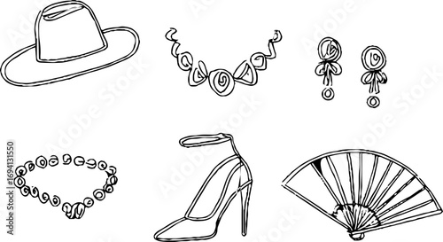 Minimalist line art illustration of fashion accessories hat necklace earrings shoe fan design for posters