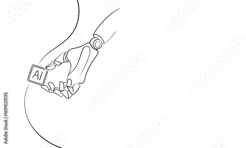Chip AI with technology hand, continious line drawing. Smart network digital technology outline. Vector illustration