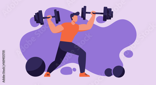 Energetic man performing a dumbbell workout, showcasing strength and a commitment to fitness. Ideal for health, wellness, and active lifestyle themes.