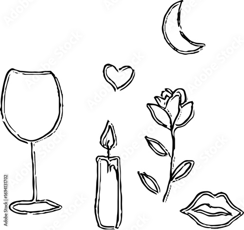 Elegant minimalist line art with wine glass, candle, heart, flower, moon, and lips symbolic design