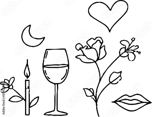 Minimalist bohemian line art of flowers, moon, candle, wine glass, heart, and lips for aesthetic decor