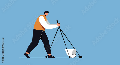 Professional cleaner pushing a mop bucket, ensuring hygiene and cleanliness in a facility. Ideal for concepts of service, maintenance, and work.