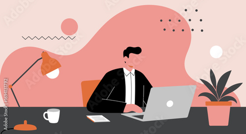 Professional businessman working remotely on a laptop at a stylish desk with a lamp and plant, illustrating modern productivity and digital work lifestyle.