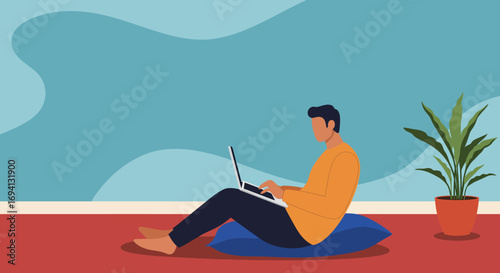 Freelancer or student working remotely on a laptop in a cozy home environment, symbolizing modern flexible work and digital lifestyle.