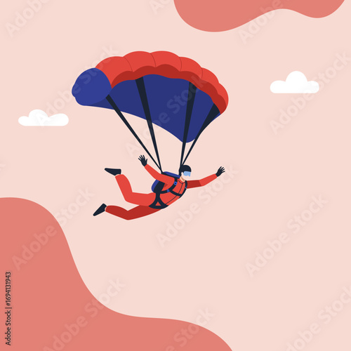 A skydiver in a red suit descends through the sky with a colorful parachute, embodying adventure, freedom, and extreme sports. Perfect for travel, lifestyle, or challenge concepts.