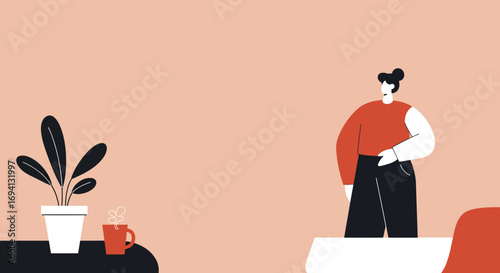 Minimalist illustration of a person in a modern interior, contemplating beside a potted plant and a steaming cup. Ideal for business, lifestyle, and wellness concepts.