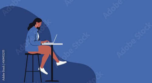 Young woman focused on remote work or online study, using a laptop at a high table. Ideal for concepts like freelance, education, and digital lifestyle.