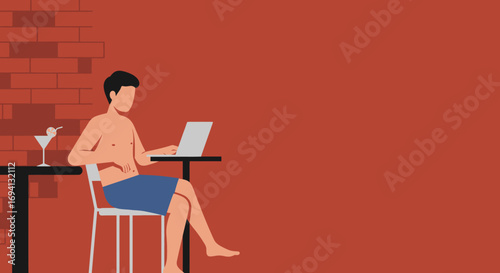 Casual man in shorts works remotely on a laptop, a refreshing cocktail on the table, embodying flexible lifestyle and modern work.