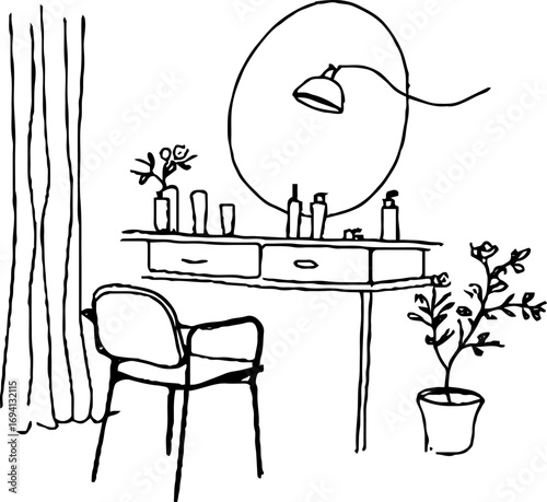 Minimalist line art depicting beauty salon interior with mirror and chair