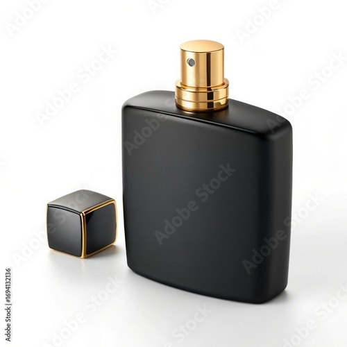 3D render of a realistic matte black perfume bottle with golden cap, isolated on white background, minimal shadows, photorealistic
. perfume bottle isolated on white