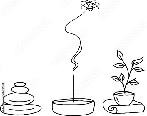 Minimalist line art of burning candle incense with zen objects for calm and serenity