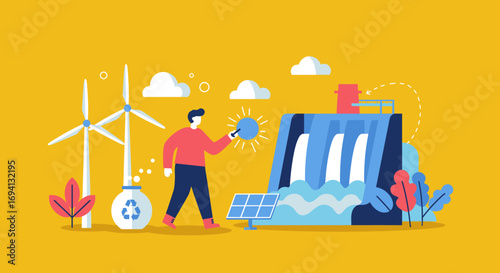 Person promoting diverse renewable energy sources like wind, solar, and hydropower, symbolizing sustainability, clean power, and ecological progress for a greener future.