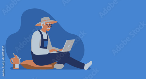 Senior man in a hat and overalls focused on his laptop, enjoying a hot beverage in a serene outdoor setting. Digital lifestyle, remote work concept.