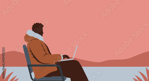 Relaxed man working on a laptop outdoors by water at sunset. Ideal for themes of remote work, digital nomad, travel, and modern lifestyle.