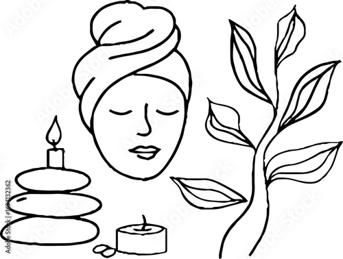 Minimalist line art of a serene female face with plants and candles for spa and relaxation themes