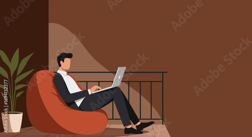 Professional man working remotely on a laptop from a comfortable balcony setting. This illustration highlights modern work-life balance and flexible business solutions.