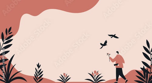 Person walks through a calm, abstract natural landscape, holding a plant, with birds flying. Symbolizes connection with nature, growth, and environmental care.