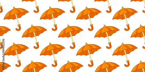 Cartoon orange umbrella seamless pattern design. Cartoon orange umbrellas seamless pattern in flat style on white background.