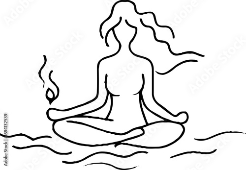 Minimalist line art of female silhouette in meditation with flowing hair and candle