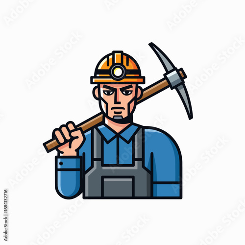 Illustration of a determined miner holding a pickaxe over his shoulder wearing a hard hat and overalls