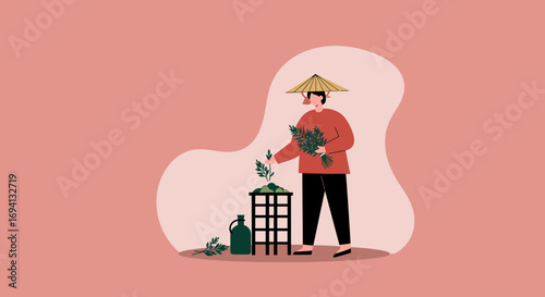 Illustration of a person in a traditional conical hat, diligently harvesting fresh green herbs into a basket. Represents agriculture, sustainable living, and natural produce.