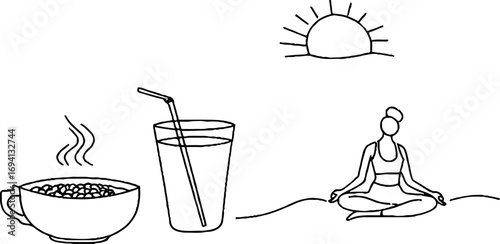 Minimalist line art depiction of a morning with coffee, juice, and meditation scene for design