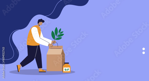 Person putting a fresh green plant branch into a paper bag, symbolizing sustainable shopping and eco-friendly choices for natural products and groceries.