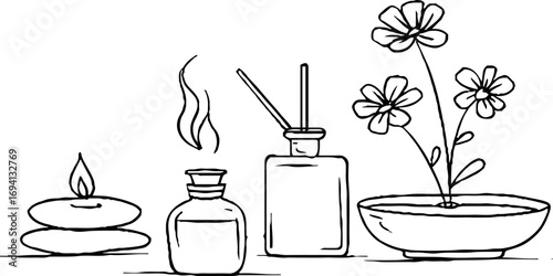 Minimalist line art of oil essence bottle with flower and candle, wellness spa scene.
