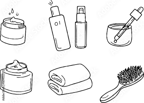 Minimalist line art of oil dropper and skincare essentials for beauty and wellness design