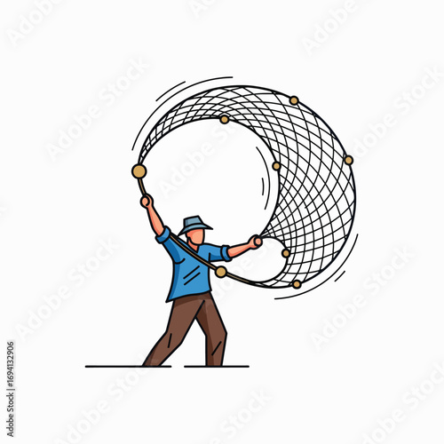 Fisherman Casting a Net for Catching Fish in the Ocean
