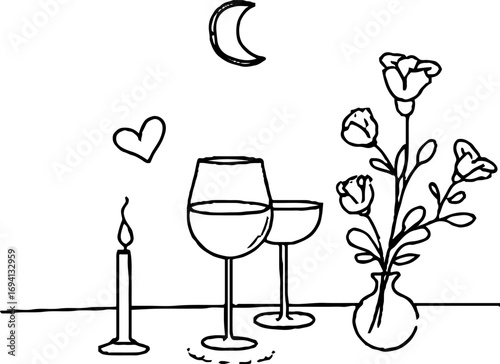 Minimalist line art of romantic evening with candlelight and wine for elegant decor