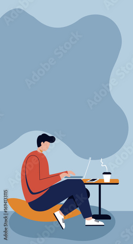 Man works remotely on laptop, enjoying coffee at a cozy table. Represents modern work, freelancing, productivity, and flexible lifestyle.