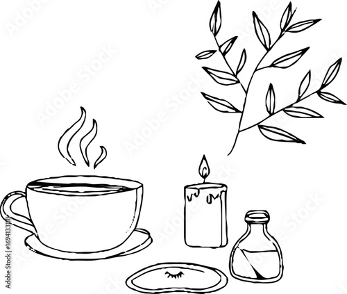 Minimalist line art of steaming tea cup with candle and botanical elements for boho design