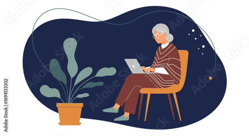 Senior woman uses a laptop computer at home, highlighting digital literacy, remote work, and modern independent living. Ideal for technology, education, and lifestyle themes.