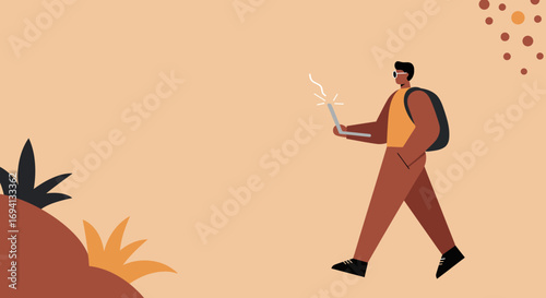 Stylish illustration of a person walking outdoors, engaged with a laptop. Perfect for themes of remote work, digital nomad lifestyle, and global connectivity.