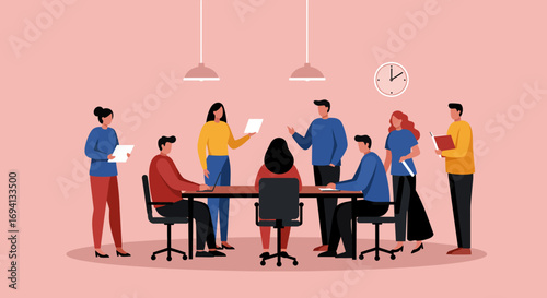 Diverse team collaborating in a professional office meeting, discussing strategies and ideas. Ideal for business, corporate communication, and teamwork concepts.