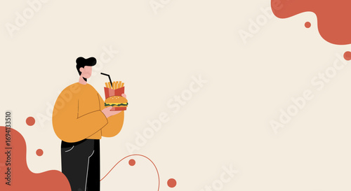 Minimalist illustration of a man holding a burger, french fries, and a drink, depicting casual fast food dining or takeaway concepts for modern lifestyles.