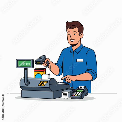 Friendly cashier scanning groceries at a busy supermarket checkout counter
