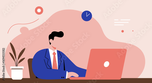 Professional businessman working diligently on his laptop in a modern office, representing productivity, remote work, and corporate success.