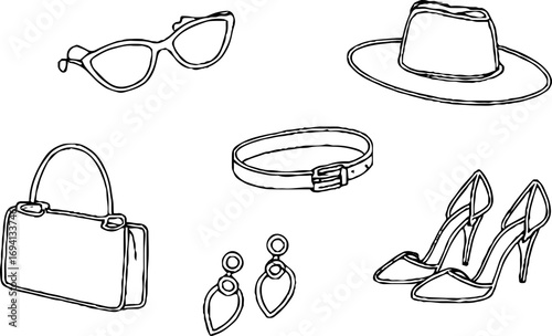 Minimalist line art collection of fashion accessories for design and decor