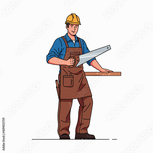 Skilled Carpenter Expertly Cutting Wood with a Hand Saw While Wearing Protective Gear