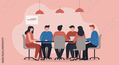 Diverse team collaborating in a modern meeting room, discussing business strategies. Ideal for concepts of teamwork, corporate communication, and project planning.