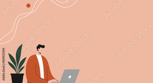 Modern illustration of a man working remotely on his laptop with a plant. Ideal for business, freelance, and online learning concepts.