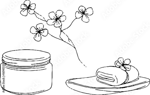 Minimalist line art of bath salts jar and spa elements for bohemian aesthetic design