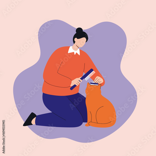 A caring pet owner gently brushes their orange cat, illustrating a moment of domestic pet care and affection. Ideal for pet product ads or lifestyle content.
