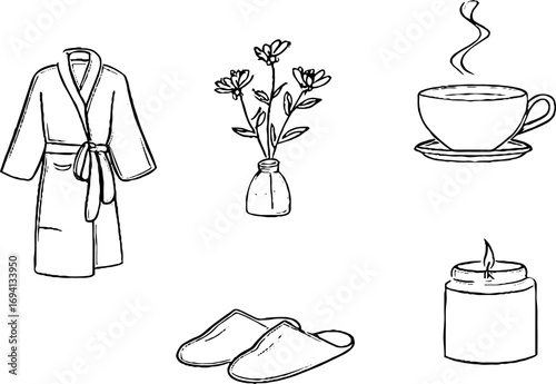 Minimalist line art set featuring bathrobe, slippers, herb vase, cup of tea, and candle for relaxation and comfort