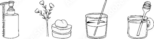 Minimalist line art of body lotion, floral elements, bath accessories, and beverage scene for spa design