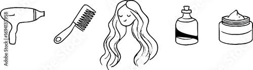 Minimalist line art collection of hair care tools and products for aesthetic design
