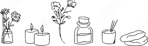 Minimalist line art of candles, incense, and aromatherapy oils for relaxation and decor